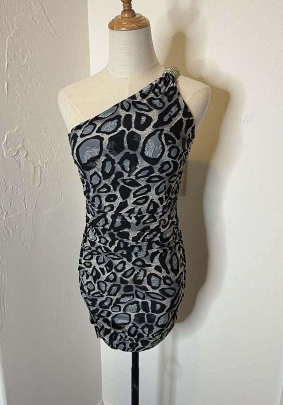 Party girl Gray and Black Animal Print One-Shoulder Ruched Mini Dress with Rhine